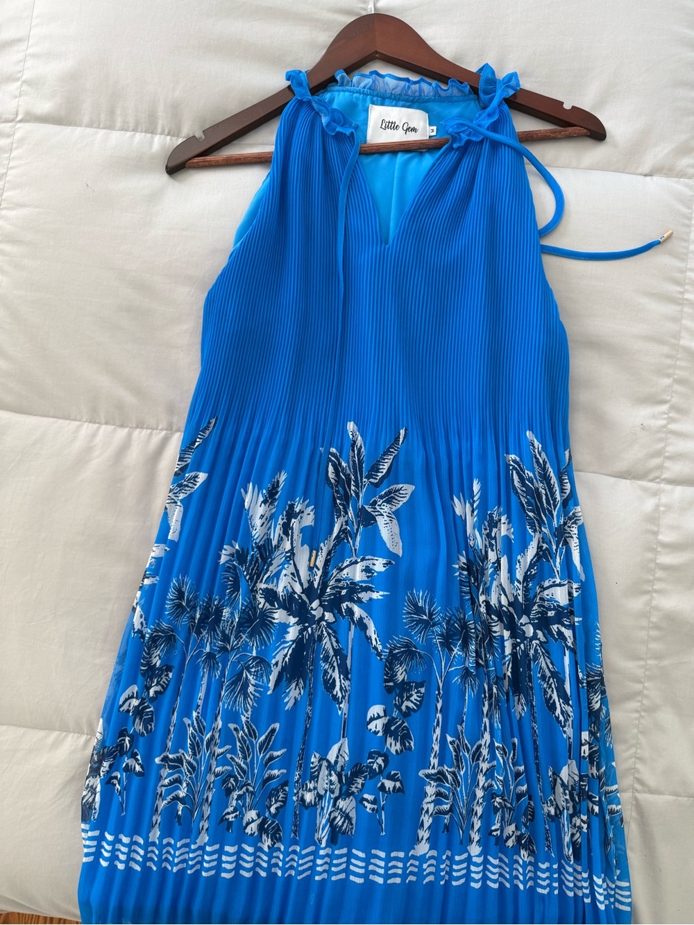 Bright Blue Tropical Pleated Halter Mini Dress